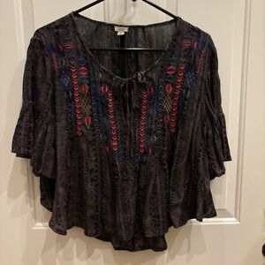 Ecote Black Peasant Blouse with Multicolor Embroidery